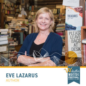 Author Eve Lazarus stands in a very full bookstore.
