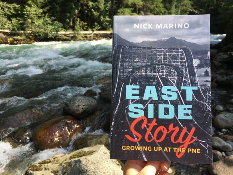 Book cover of East Side Story by a river.
